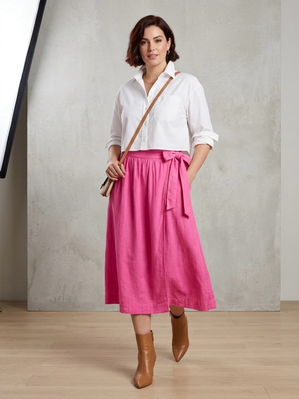 A New Day Pink Linen Blend Wrap Crossover Midi Skirt Side Tie Size Women’s Med - Picture 15 of 15